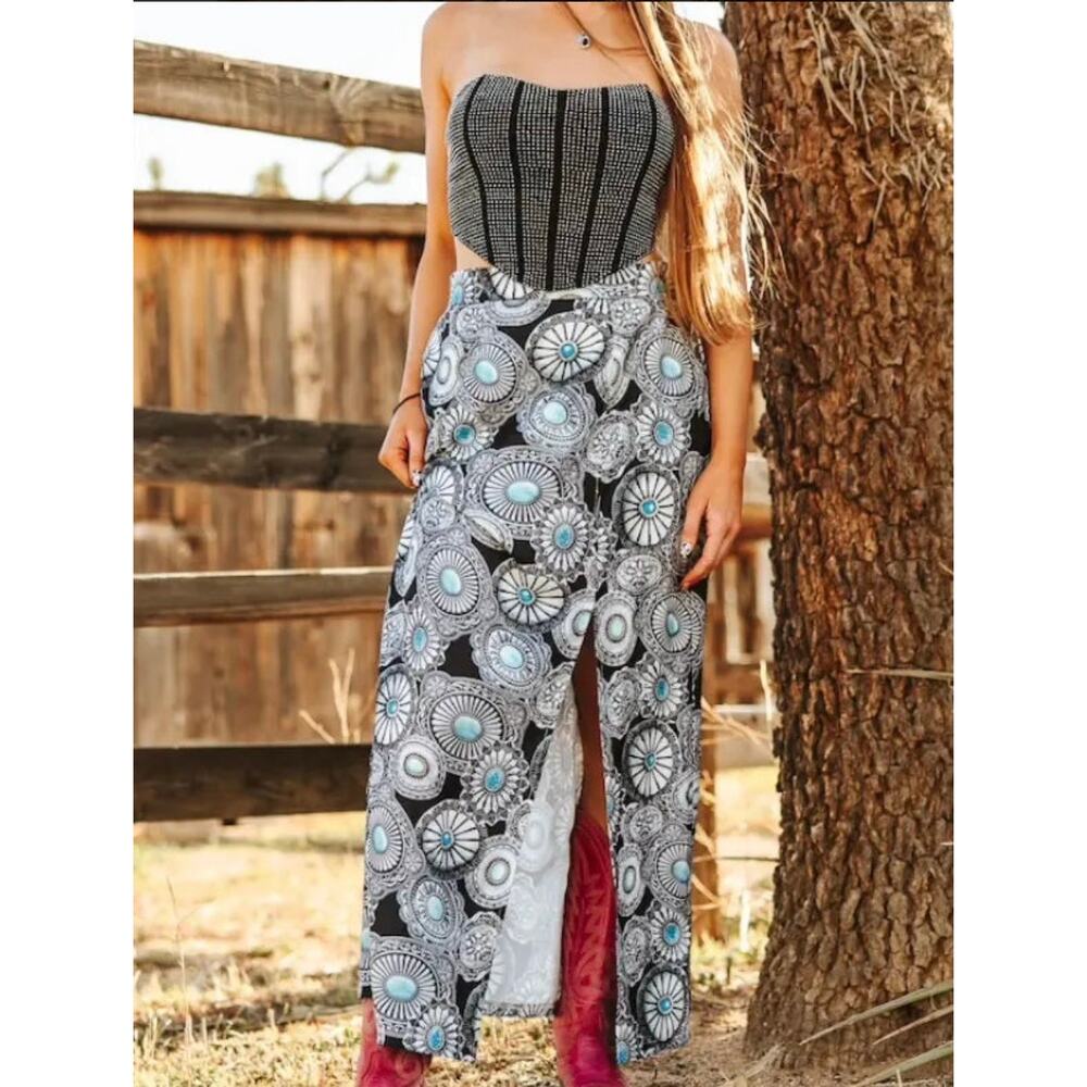 NEW Lucky & Blessed Concho Print Maxi Skirt Turquoise Black Western Rodeo Boho - Picture 2 of 5